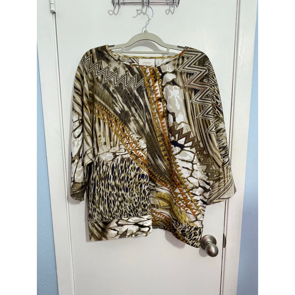 Chico's Blouse Large Animal Print Boho Tribal 3/4 Dolman Sleeve Officecore